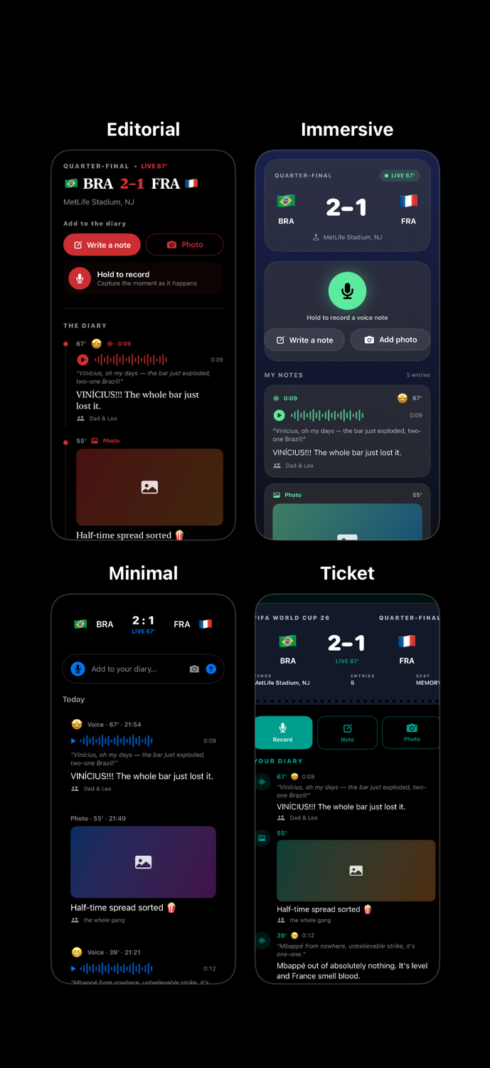Four match-detail design alternatives generated by Xcode Intelligence, side by side