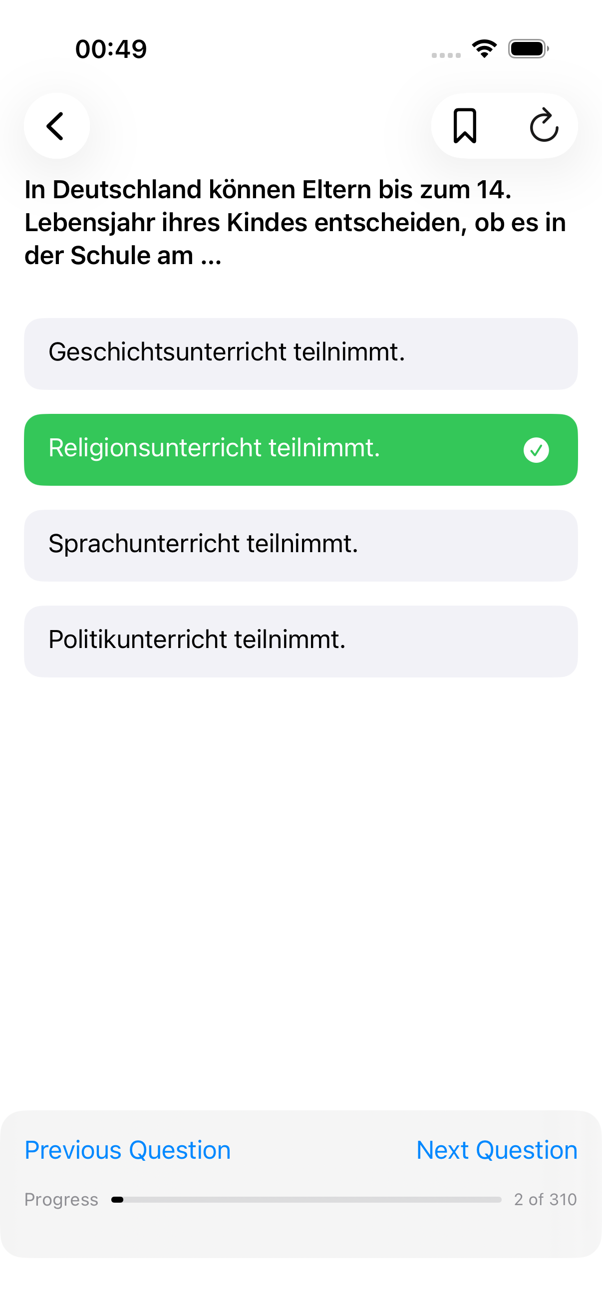 Question screen with a selected answer
