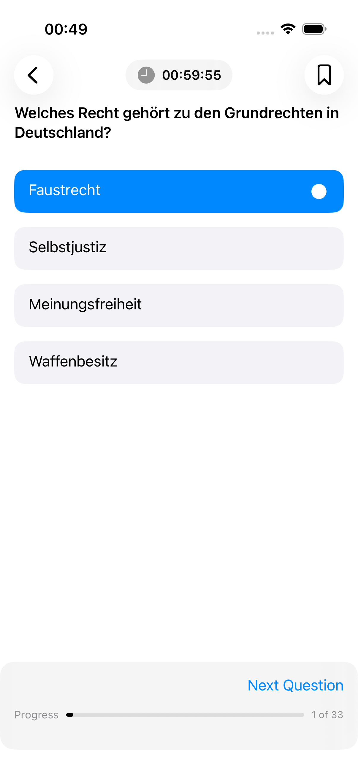 Timed test simulation matching the real Einbürgerungsprüfung