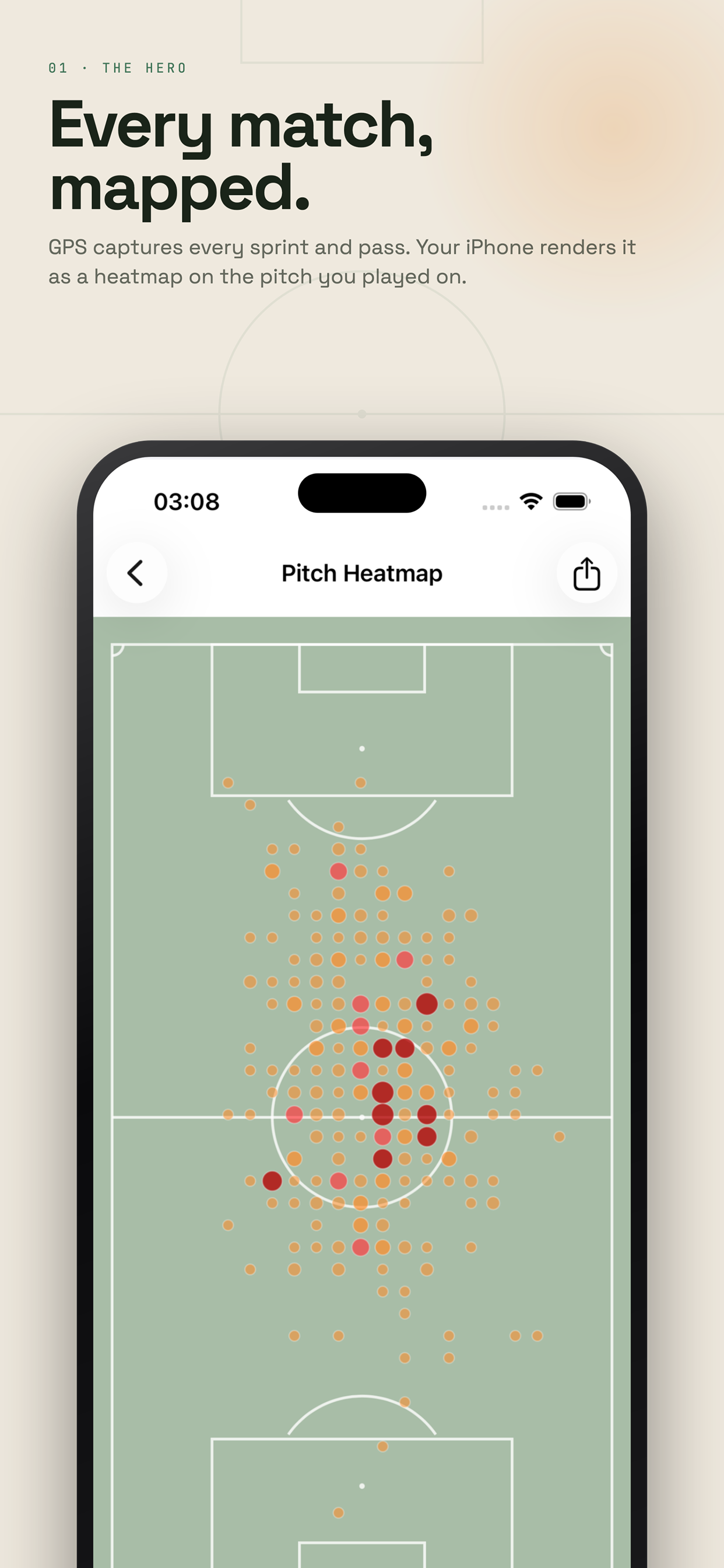 Soccer Mappr running on iPhone showing a match heatmap