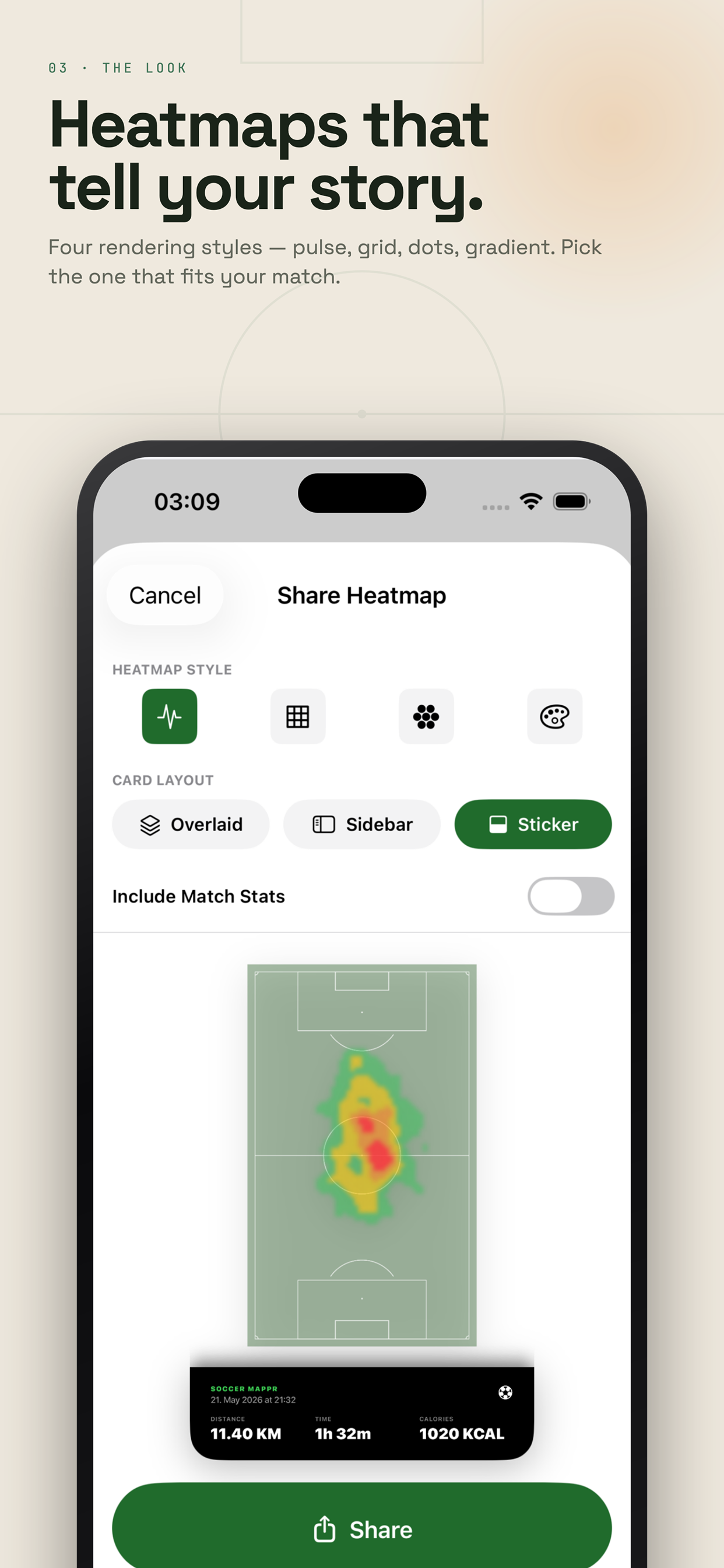 Heatmap rendered over a soccer pitch in Soccer Mappr