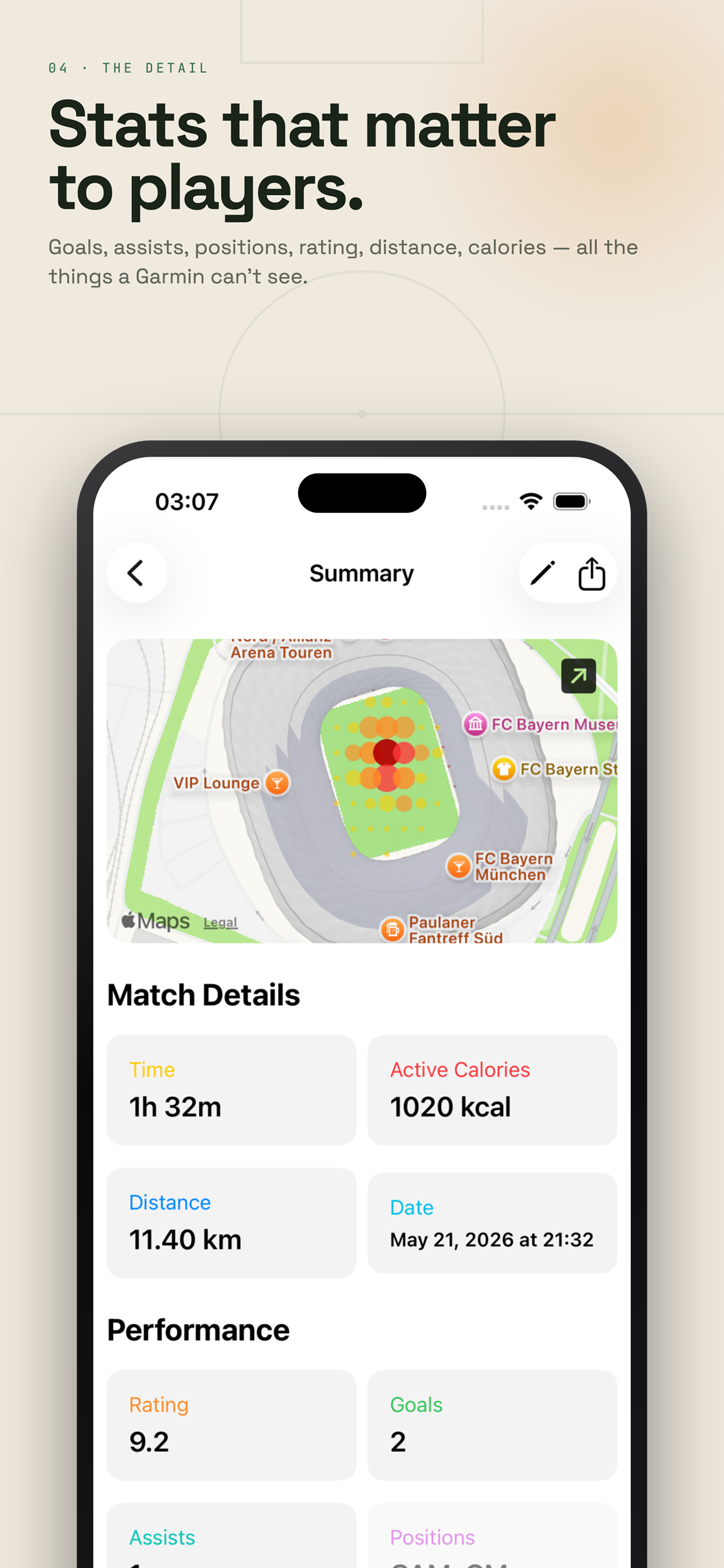 Match statistics screen showing distance, goals, assists, and positions